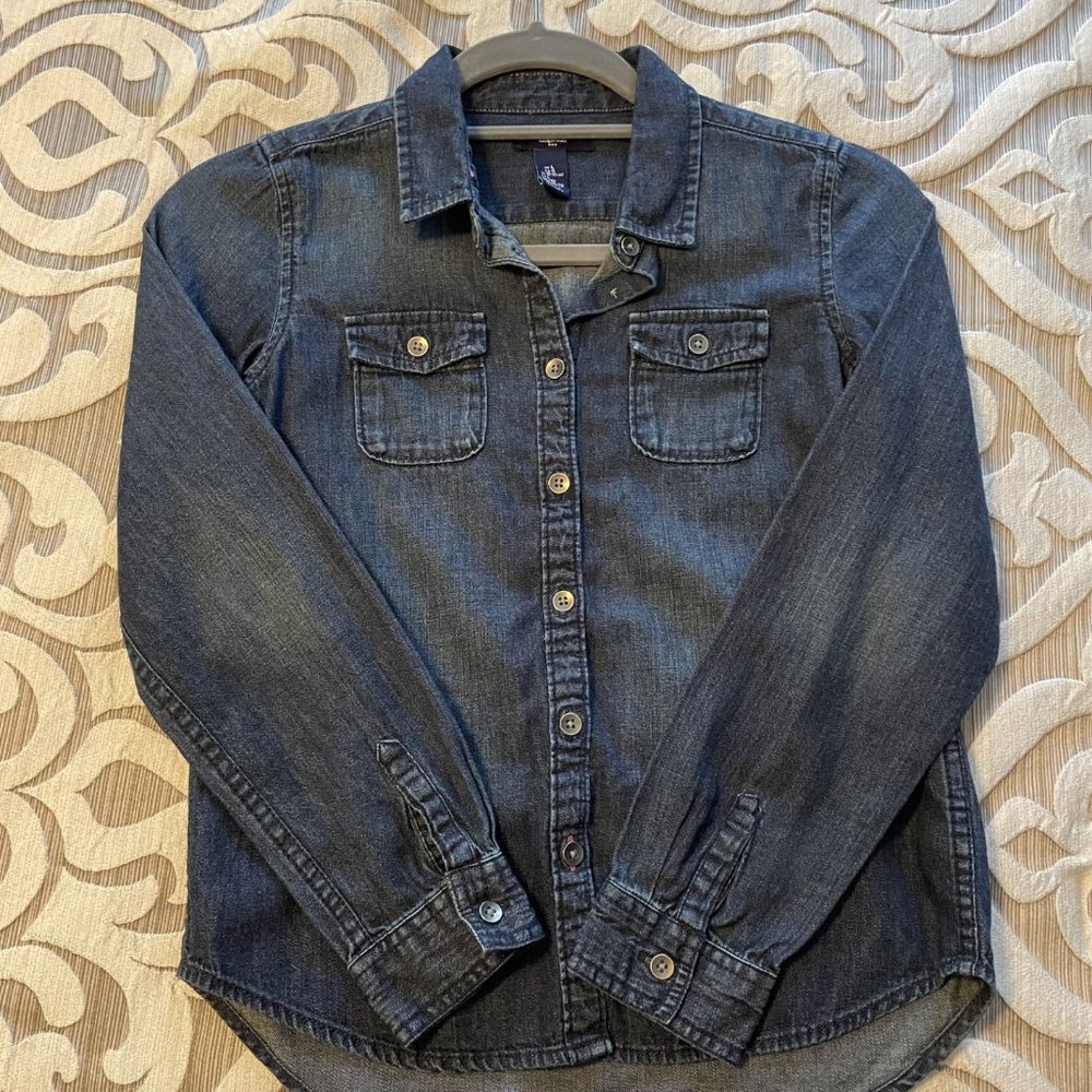 GAP Kids Girls Youth Dark Wash Denim Shirt Size Large Long Sleeves EUC